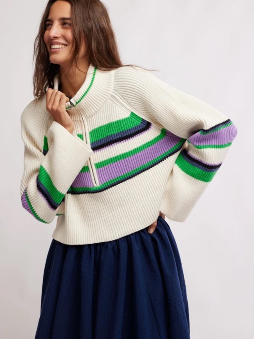 NWOT Free People Greta Half Zip in White/Purple/Green